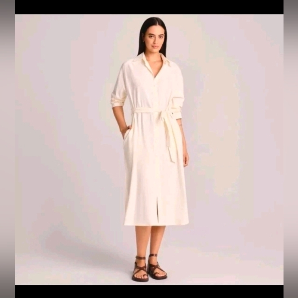 Vitamin A Cream Button Up Long Sleeve Midi Cover Up Swim Dress